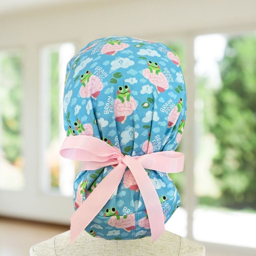 Premium Brain Frog ~ Ponytail Style Scrub Hat, Surgical Cap, MD,CNA, Gift